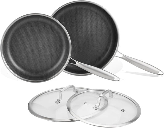 DELARLO Tri-Ply Stainless Steel 8" 10" Frying Pan Set With Lid Nonstick Large skillet, Oven safe induction Chef's Pan,Pots and Pans Set Suitable for All Stove Efficent Fast Even Heating