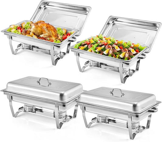 GarveeHome Chafing Dishes for Buffet 4 Pack, 8 Qt Stainless Steel Chafers and Buffet Warmers Sets With Lid, Rectangle Serving Food Warmer Catering Supplies Buffet Display for Parties, Silver