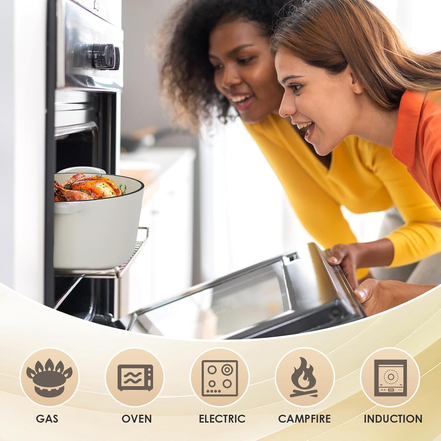 LIFERUN 6 Qt Enameled Cast Iron Dutch Oven Pot with Lid，Oven Safe up to 500° F, Non-Stick Dutch Oven with Dual Handles for Bread Baking, Fry Foods, Braising, Stews, Roasting (White)