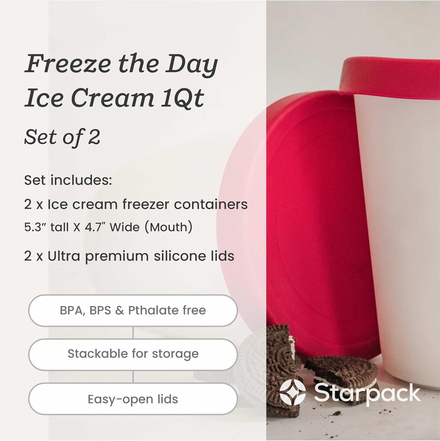 Starpack 'Freeze the Day' Ice Cream Storage Container for Freezer (2 Pcs) - 1 Quart Ice Cream Containers for Homemade Dessert - Reusable Frozen Treat Containers with Lids - Leak-Free Lids (Silicone)