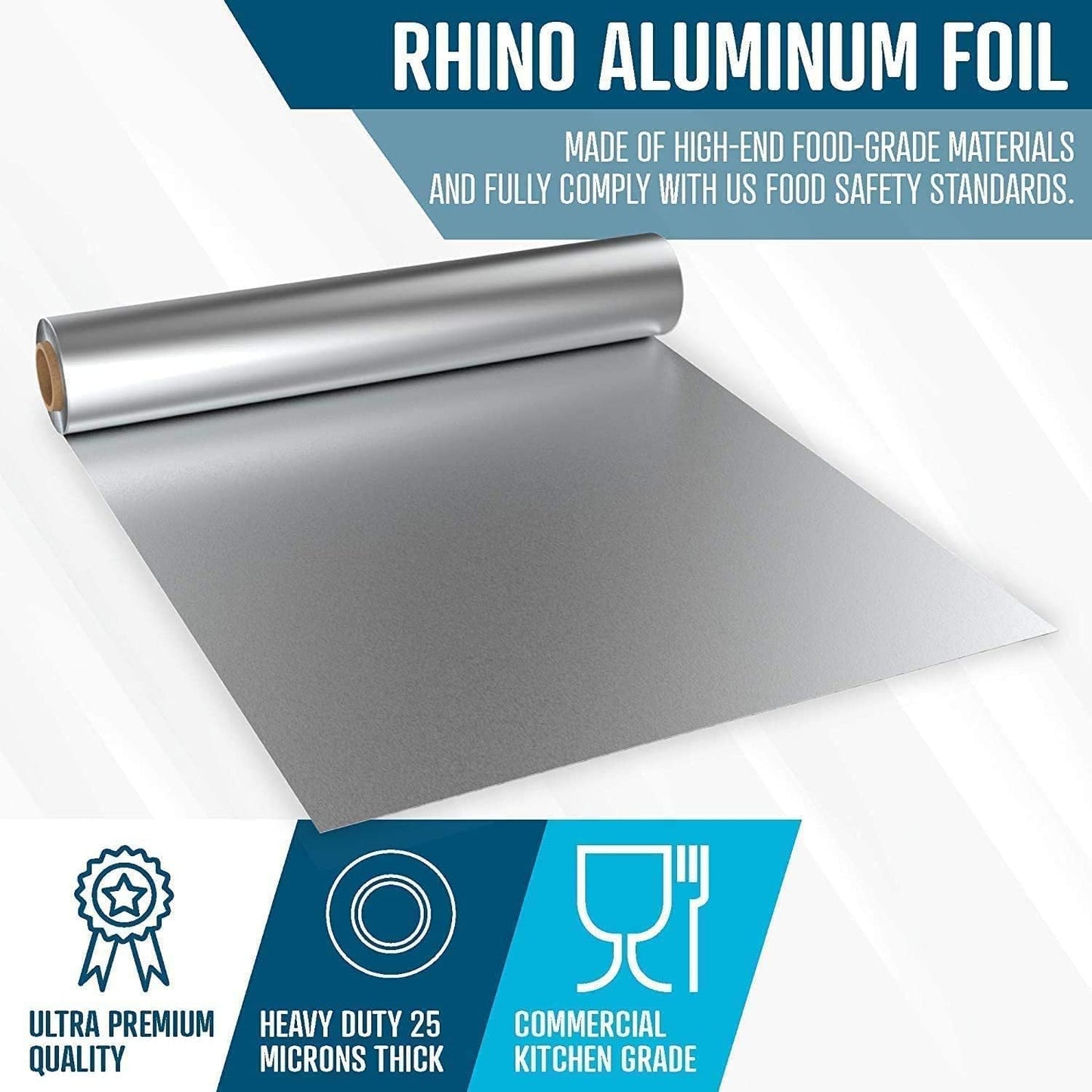 Rhino Aluminum Heavy Duty Aluminum Foil - 12 x 350 sf Long Roll, 25 Microns Thick Foil Heavy Duty Commercial Grade & Extra Thick, Strong Enough for Food Service Industry (Pack of 1)