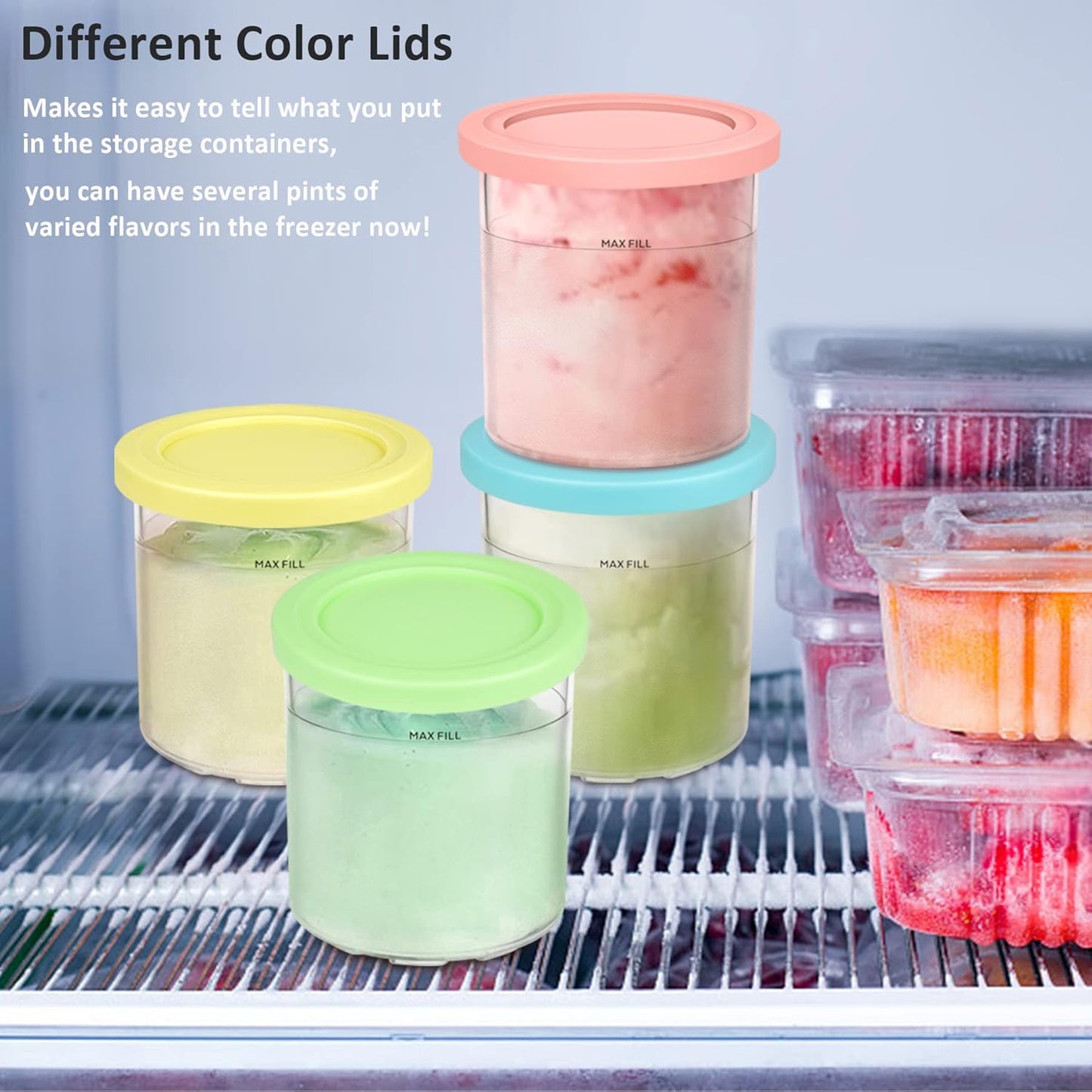 4 Pack Replacement Pints and Lids, Compatible with NC301 NC300 NC299AMZ Series Ice Cream Makers(16 oz. ice cream Containers Blue/Yellow/Pink/Green)