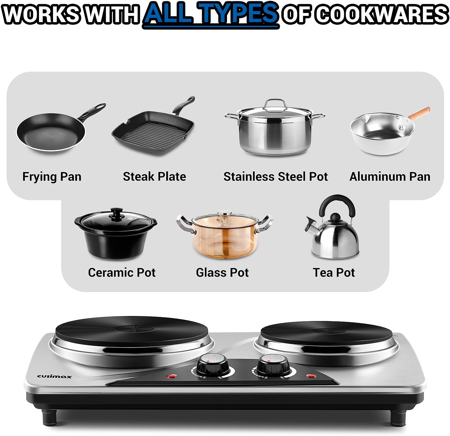 Double Burner, CUSIMAX 1800 Watts Electric Hot Plate for Cooking, Countertop Burner Portable Cast Iron Hot Plates with Dual Adjustable Temperature, Easy to Clean, Sliver
