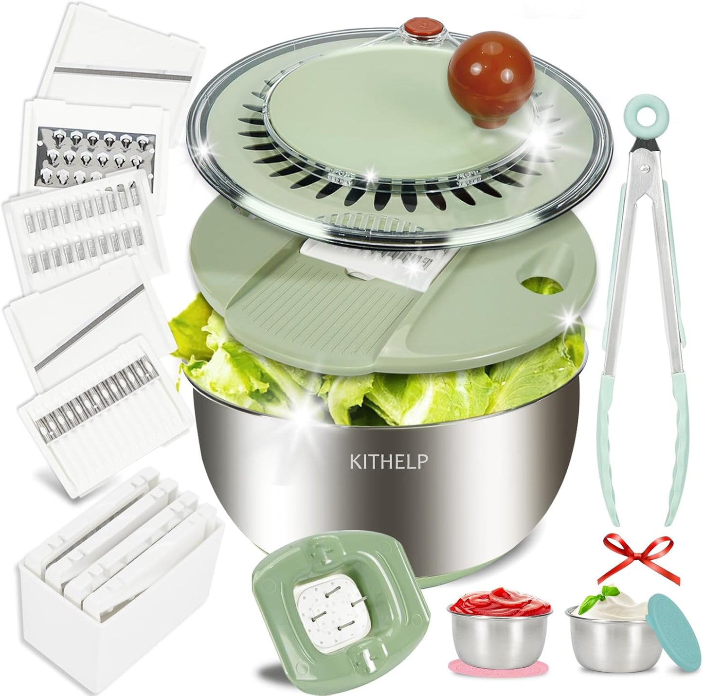 Stainless Steel Salad Spinner Large, Vegetables Fruits Wash Bowl with Strainer, Lettuce Spinner Dryer with 5 Blades Slicer, Egg Yolk Strainer, Shredder for Efficient Salad Preparation 5.3Qt