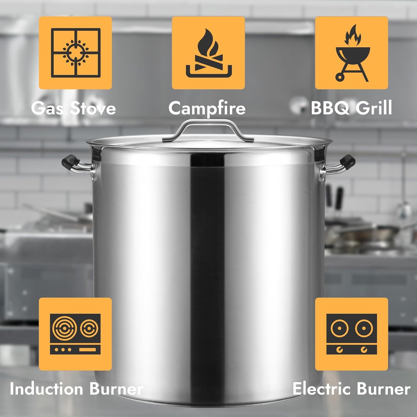 CURTA 100 Quart Large Stock Pot with Lid, NSF Listed, 3-Ply Clad Base, 18/8 Stainless Steel Cooking Pot, Commercial Cookware, Induction Ready, 19.7"D x 20.6"W x 19.7"H