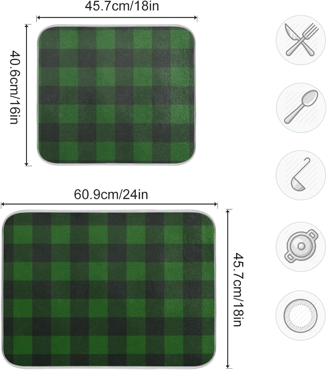 Super Absorbent Dish Drying Mat, Microfiber Fast-Drying Dish Mat, 24" x 18", Kitchen Dish Drying Pad Vintage Hunter Green Plaid
