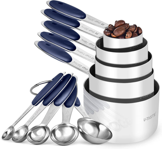 U-Taste Measuring Cups and Spoons: Food Grade 18/8 Stainless Steel Metal Measure Cups and Spoons Set of 10, Upgraded Thickness Handle (Midnight Blue)