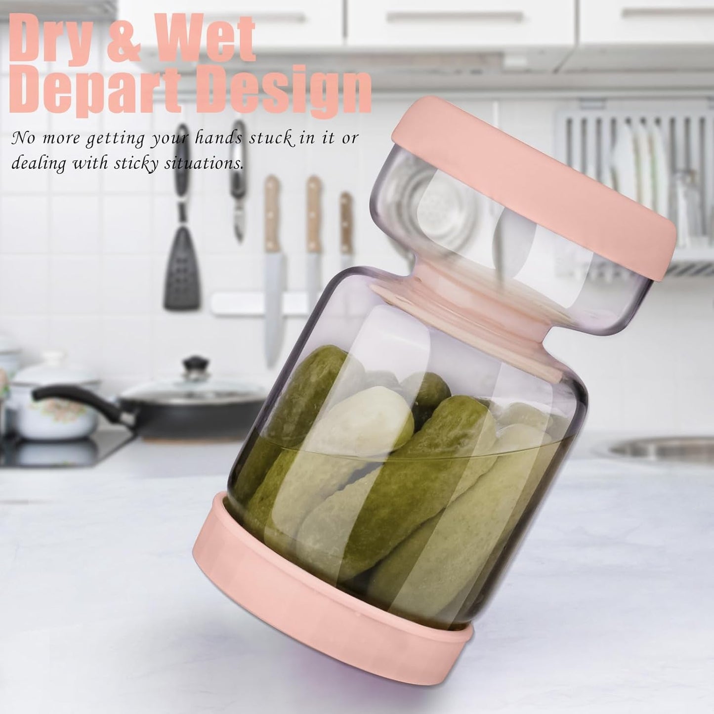 Pickle and Olive Hourglass Jar with Strainer Flip for Juice Separator from Wet and Dry, Upgrade Food-grade ABS Lid and BPA Free Hourglass Pickle Jar for Airtight Food Storage, Pink