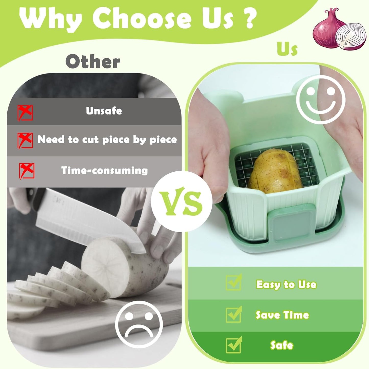 Suuker Onion Chopper with Base,Potato French Fry Cutter,Fruit and Vegetable Slicer,Kitchen Gadgets for Potatoes,Vegetable Chopper，Mandoline Slicer for Kitchen,Food Cutter,Tomato Dicer