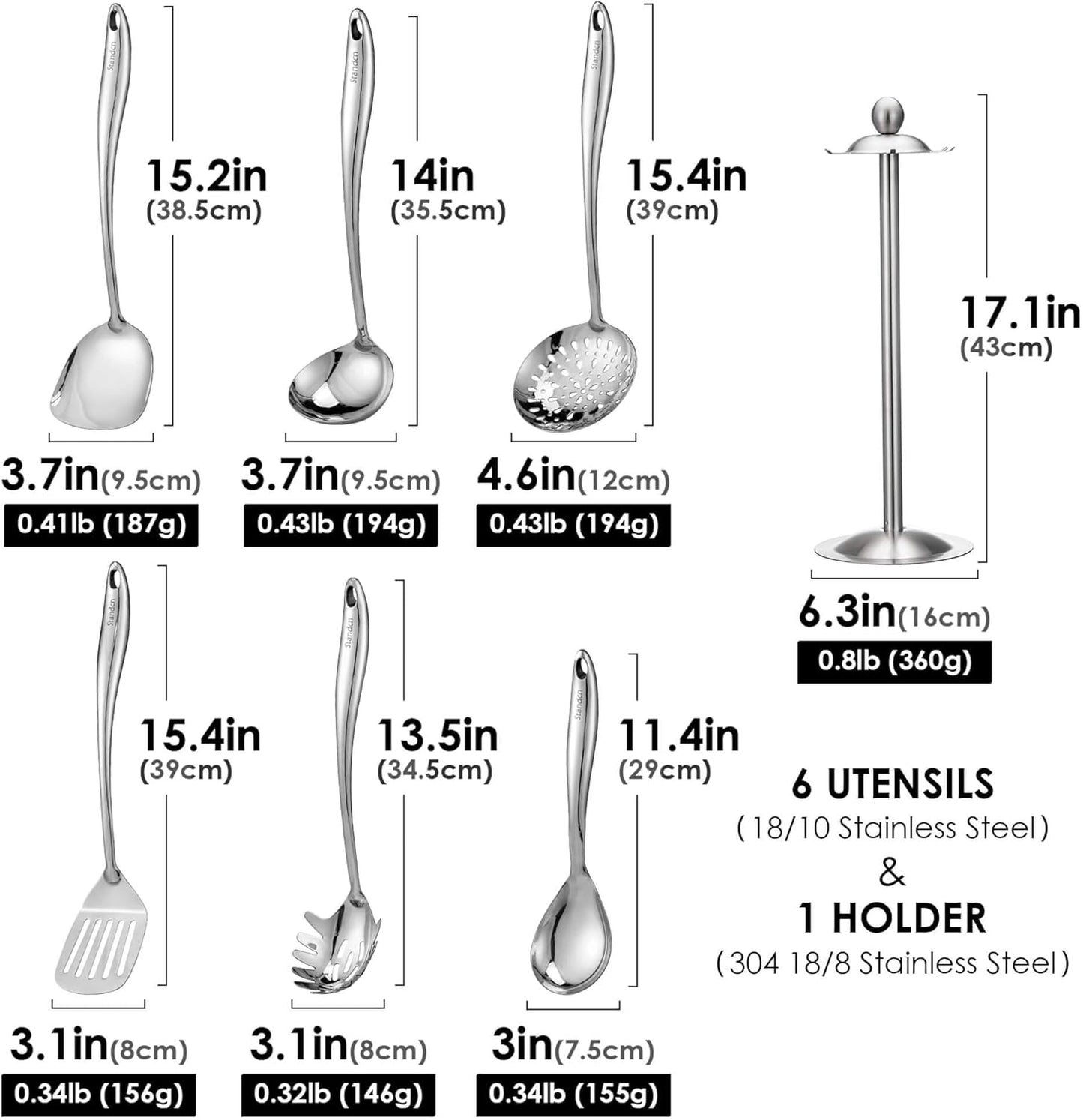 18/10 Stainless Steel Cooking Utensils Set with Holder, 7-Pieces All Metal Kitchen Utensils, 15’’ Long Kitchen Tools with Countertop Rotating Stand, Spatula, Ladle, Skimmer, Tunner, Pasta, Large Spoon