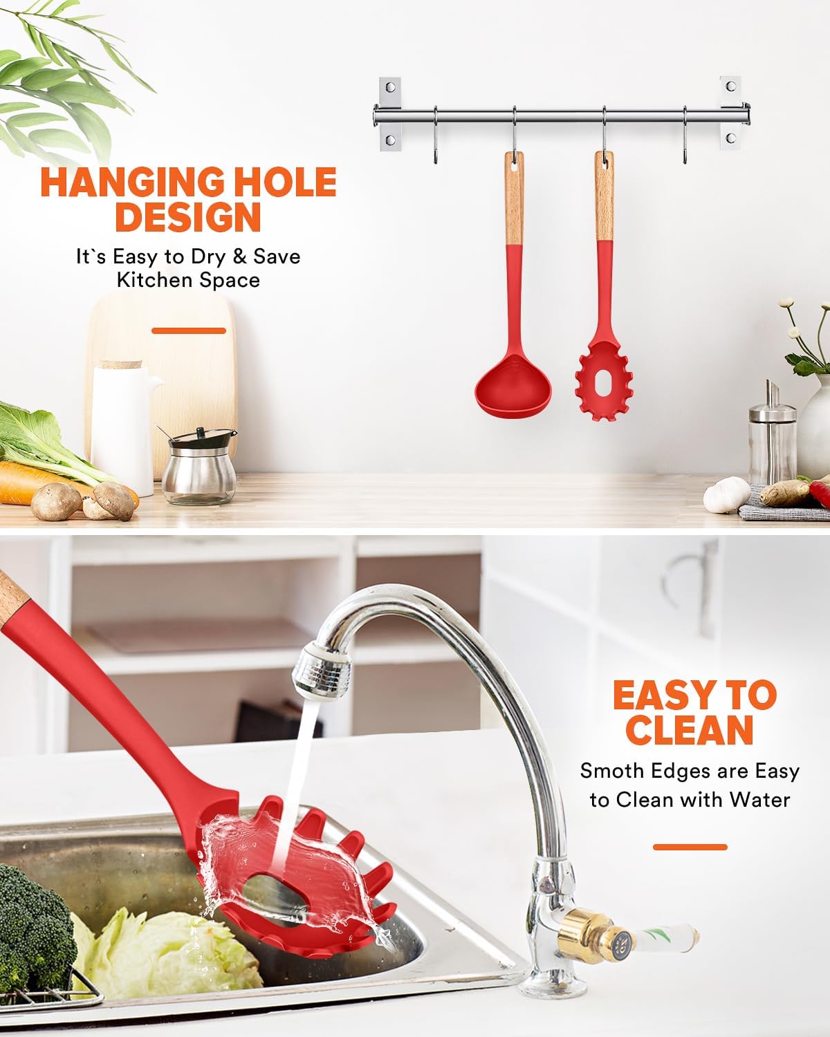 Pasta Fork and Ladle Set, Perfect for Serving Hot Soup, Stirring, and Sauce Pasta, BPA-Free Matte Silicone, Wood Handle Spaghetti Spoon for Nonstick Cooking Surfaces (Red)