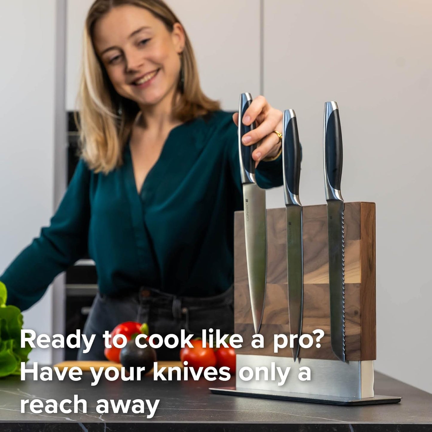 Coninx Magnetic Knife Holder with display stand, Double Sided Strong Magnetic Knife block for Kitchen counter top, Universal empty storage Organizer Block (Walnut Wood)