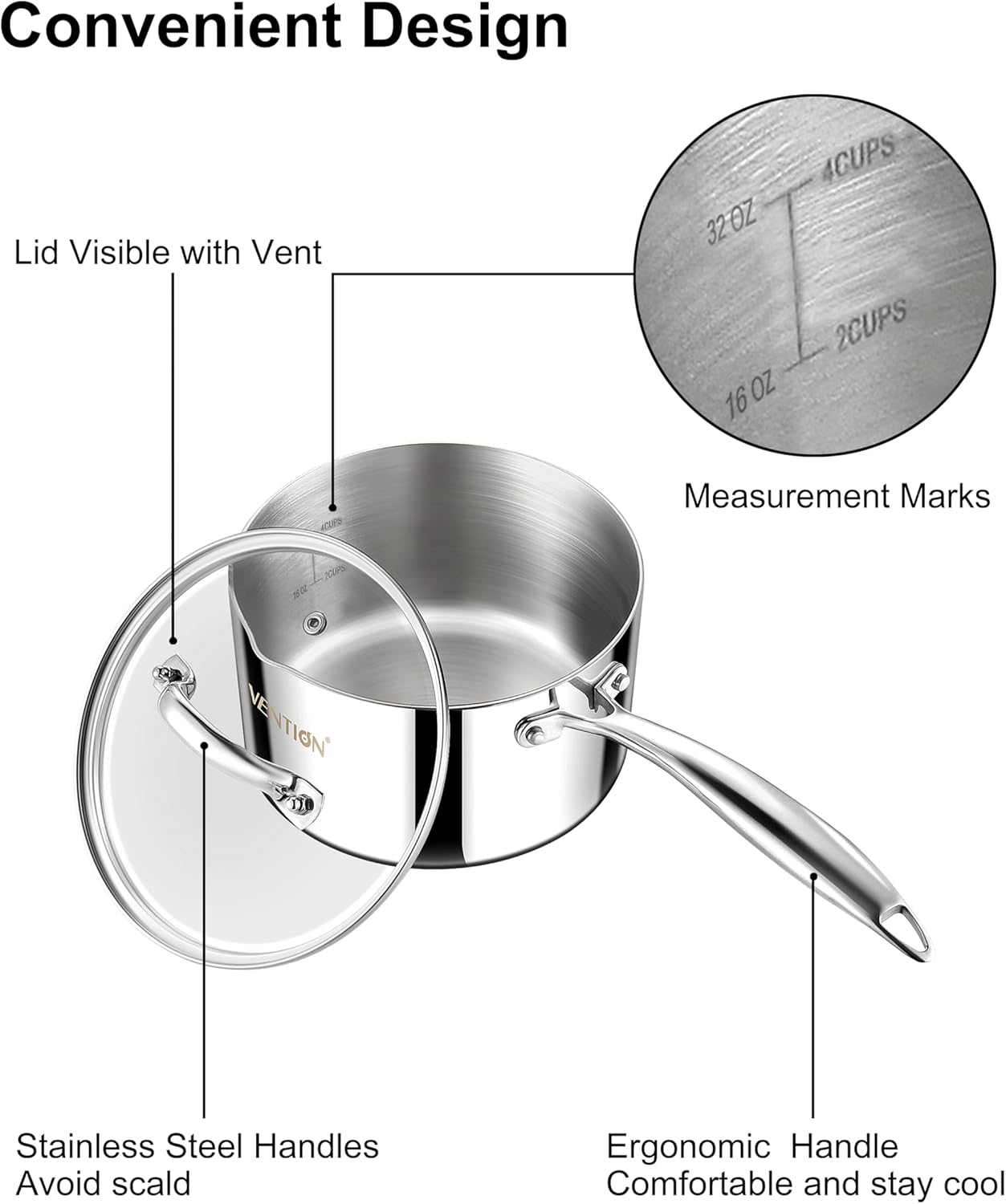VENTION Tri-Ply Stainless Steel 1 Quart Saucepan with Lid, Bright Small Sauce Pan with Pour Spout, Small Pots for Cooking, Right Hand