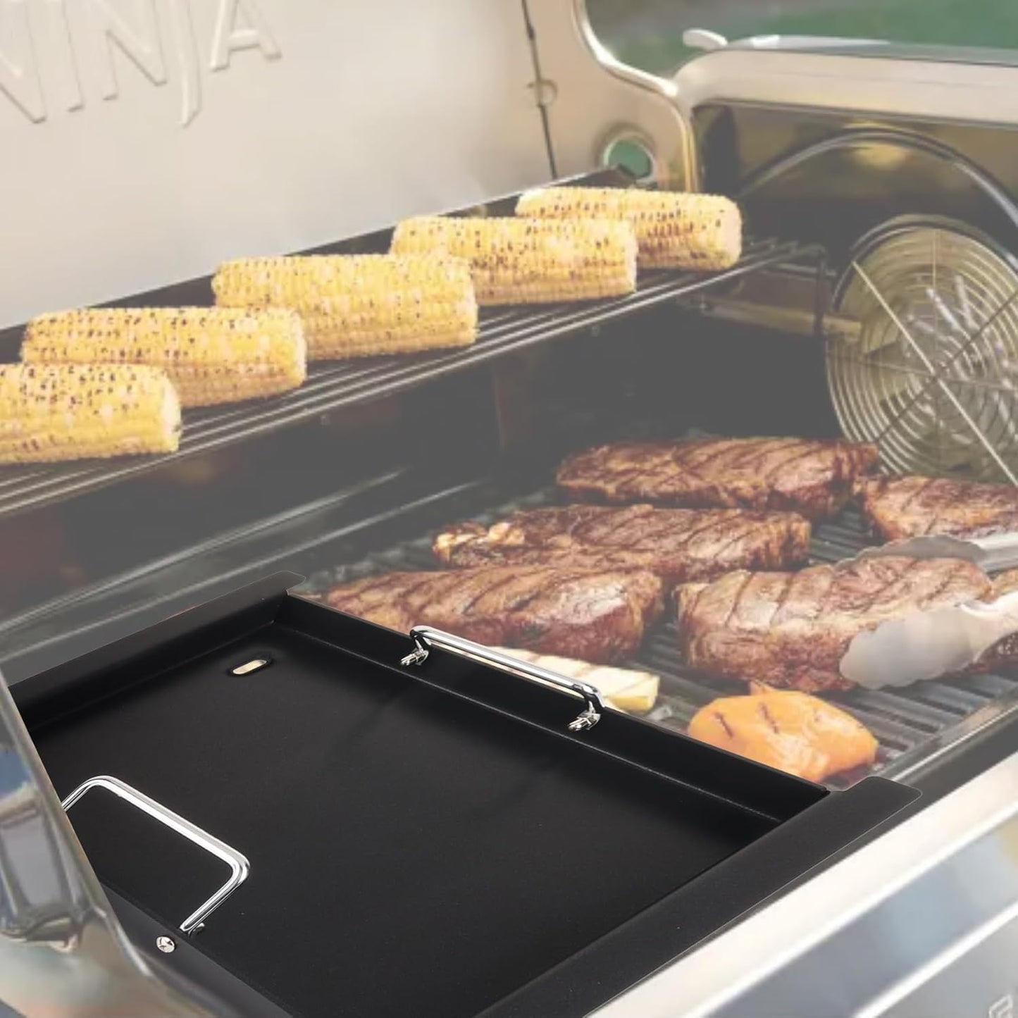 XSKHLFGRIDLE Half Griddle Replacement Parts for Ninja FlexFlame PG300 Series, Carbon Steel Griddle Insert with Grease Drain and handle for Ninja FlexFlame Grills Accessories, 17" L x 12.4" W