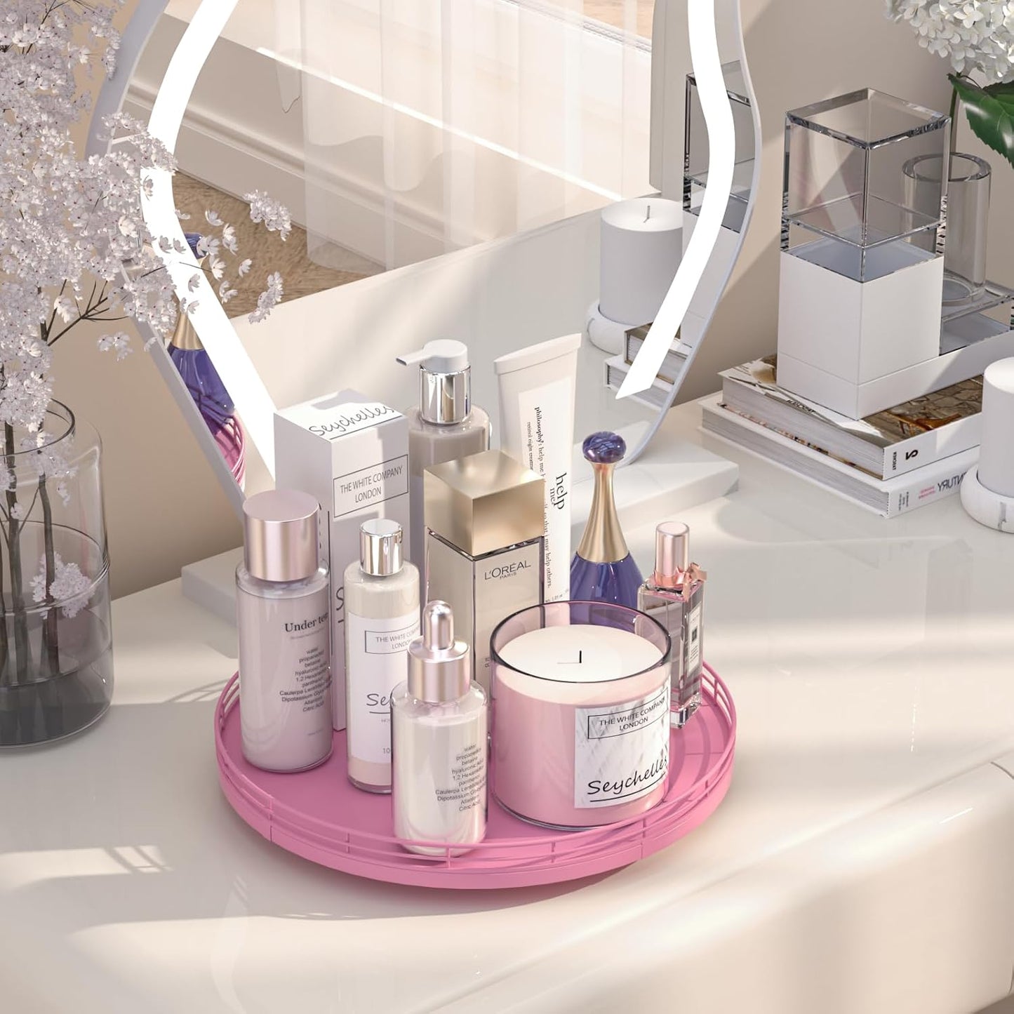 12" Oak Wood Bathroom Tray for Counter, Vanity Tray for Perfume Lotion Candle Makeup Jewelry Sink Soap Holder Turntable Dresser Organizer Countertop Coffee Table Decor Organization and Storage Pink