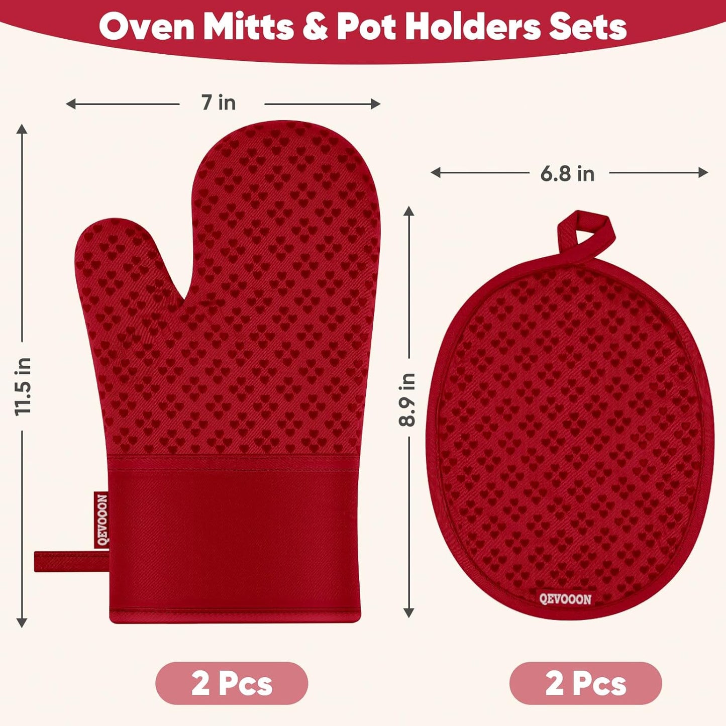 Oven Mitts and Pot Holders 4 Sets, Heat Resistant 500 ℉ Oven Mitt and Pot Holder,Oven Glove&Potholders with Non-Slip Silicone Surface,Kitchen Essentials for Cooking/Baking/BBQ-Red