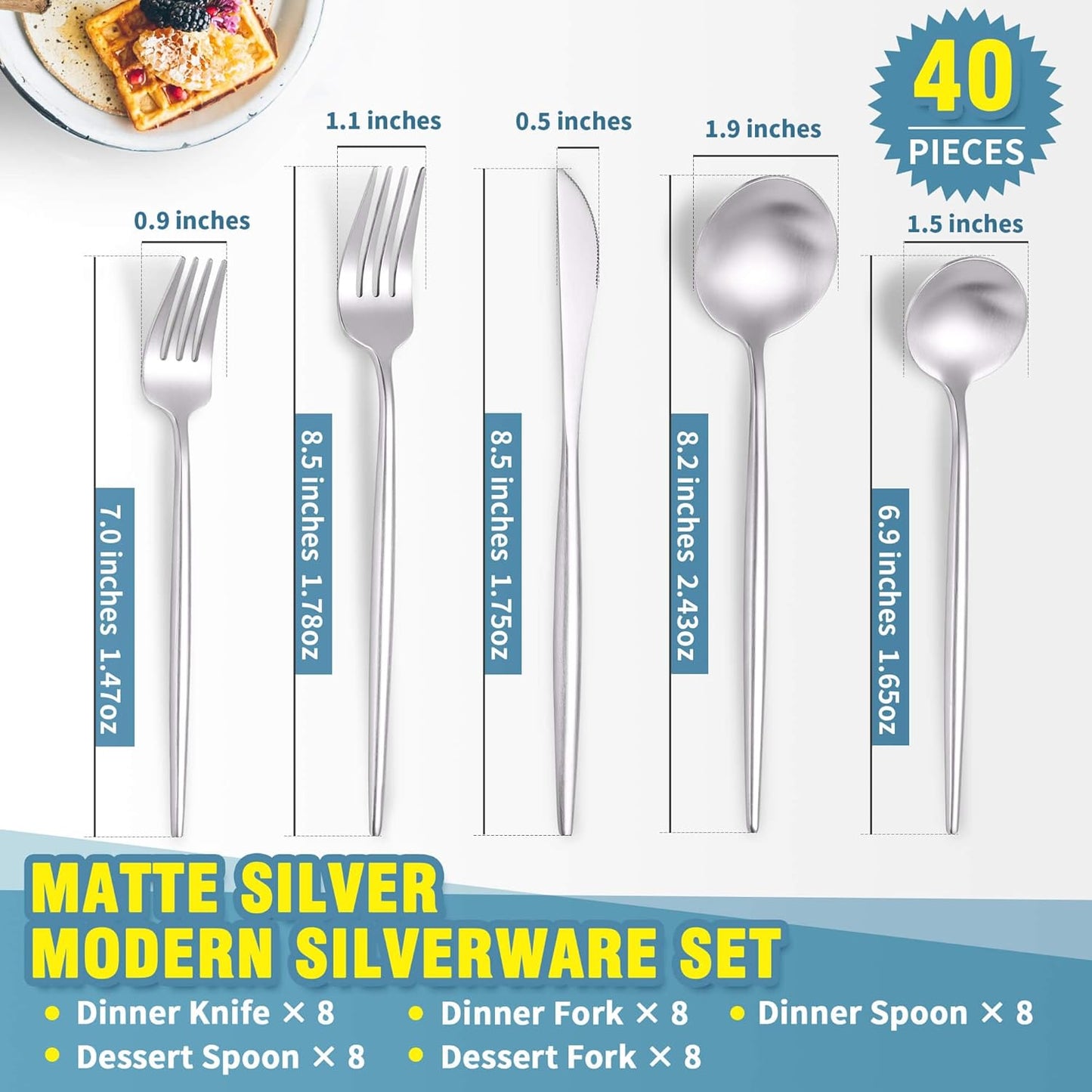 Matte Silverware Set for 8,Modern Stainless Steel Brushed Cutlery Set,40-Pieces Heavy Duty Flatware Set,Knives Spoons and Forks Set Utensils Set, Satin Finish, Dishwasher Safe