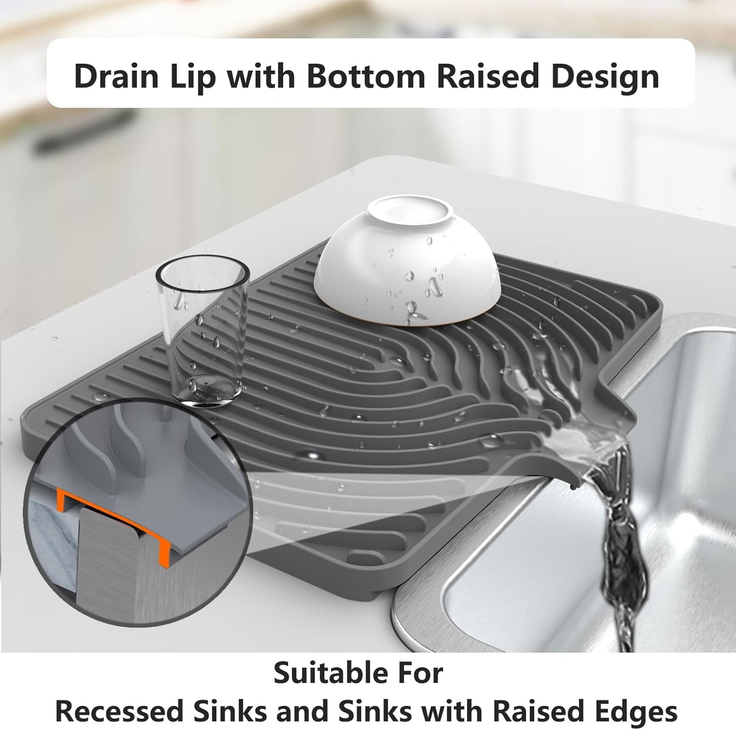 Silicone Dish Drying Mat for Kitchen Counter, (Grey, 18 x12 Raised Sink), Easy Clean Pad for Countertop Protection, Fast Self-Draining Slope, Non-Slip, Multiple Use