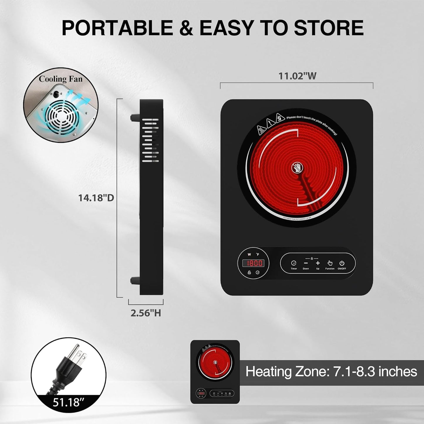Single Burner Electric Cooktop 1800W - 110V Electric Stove Top Burner Portable Stove with LED Touch Control 10 Power Level, Hot Plate with Child Safety Lock, Timer and Overheat protection