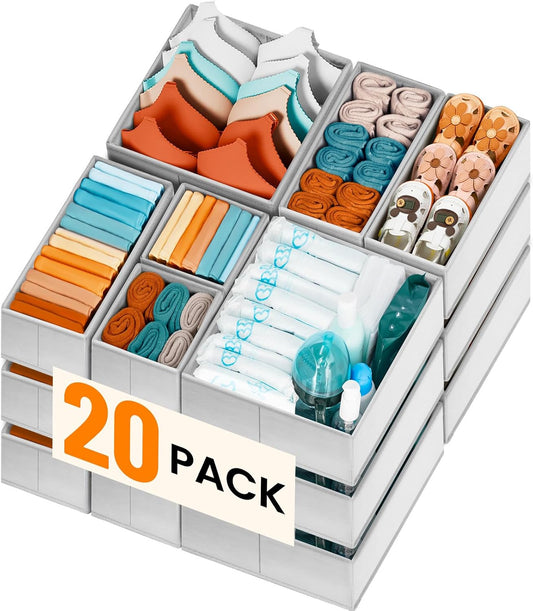 Criusia 20 Pack Drawer Organizer Bins - Grey Fabric Closet Organization and Storage Dividers for Baby Clothes, Adult Socks, Underwear, Bra, etc.