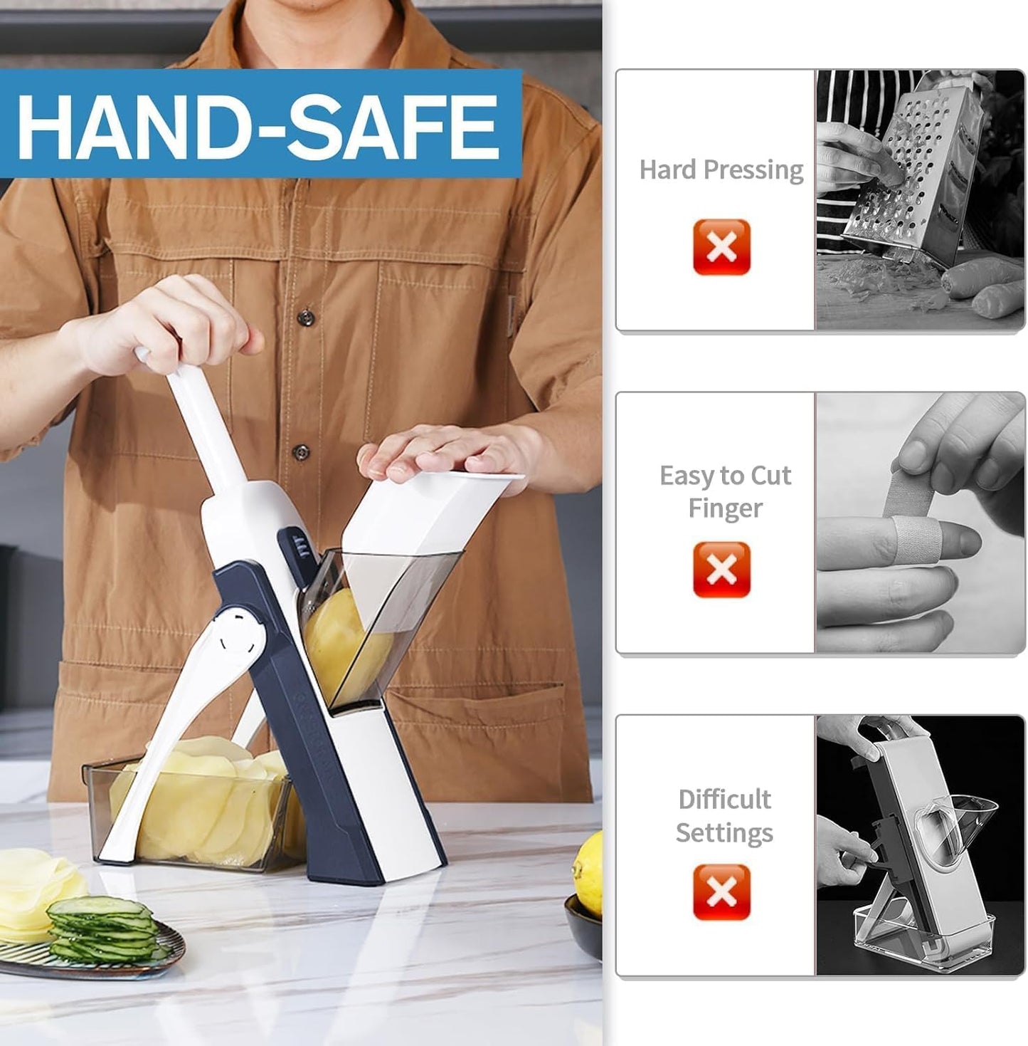 Safe Mandoline Slicer for Kitchen, Meal Prep, Potato Slicer, Adjustable/Easy to Clean/Storage, Kitchen Chopping Artifact, French Fry Cutter,Paring Knife/Cleaning Brush (only Slice, DarkBlue)