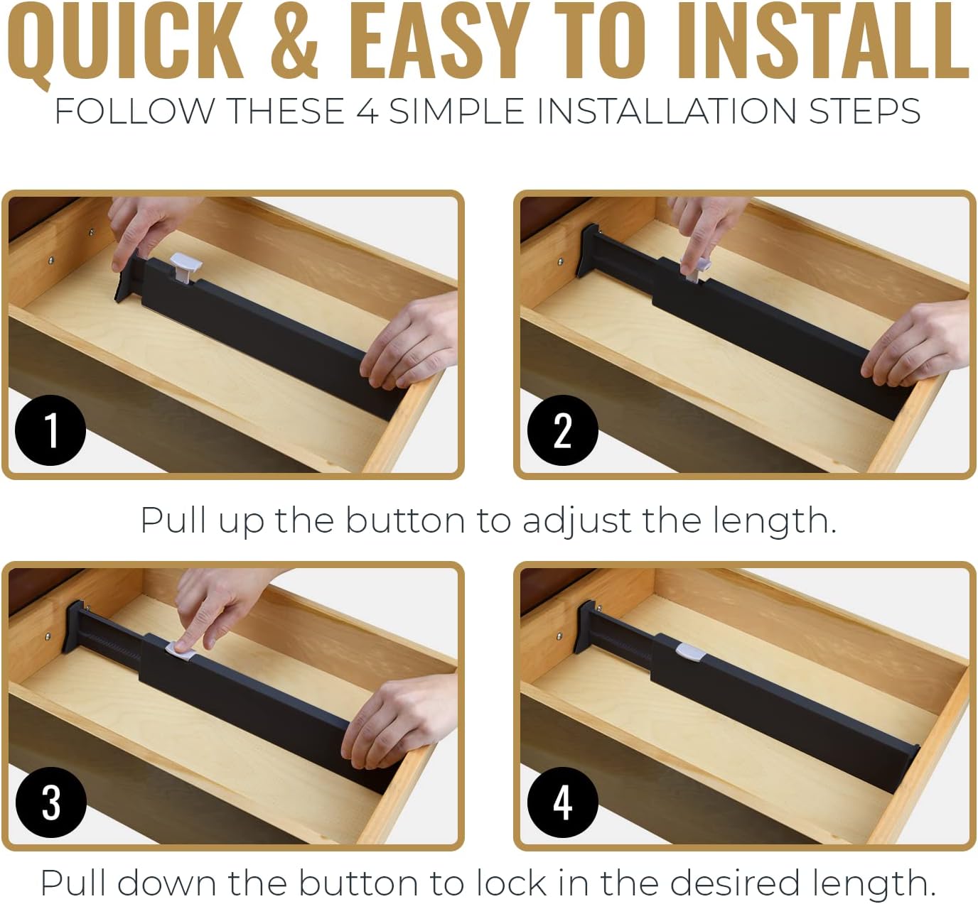 RAPTUROUS Adjustable Drawer Dividers 6 Pack, 4” High, 11-17” Long, Dresser Drawer Organizer for Bedroom, Closet, Kitchen, Nursery, Office, Strong Hold, Soft Foam Edges, Black