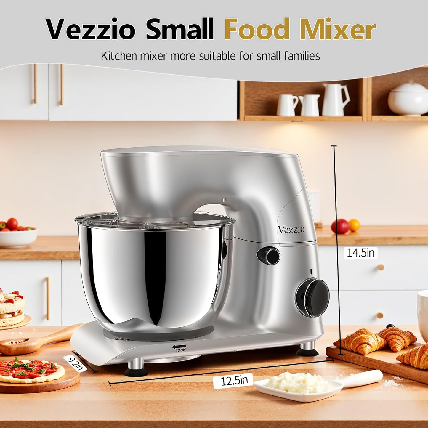 Vezzio Stand Mixer,6 Quarts,10-Speed Tilt-Head,Kitchen Food Mixer with Stainless Steel Bowl,Dough Hook,Whisk, Beater,Egg White Separator (Silver)
