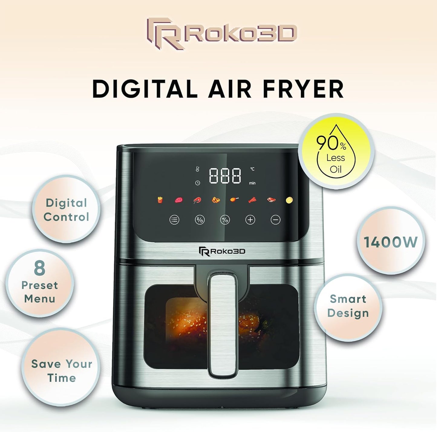 Stainless Steel Air Fryer ROKO 3D with Visible Window - 5Qt Capacity for 3-5 Persons | 18 in 1 - Fry, Bake, Toast, Broil, Reheat without Oil - 1400W, Dishwasher Safe, Luxury Black and Silver
