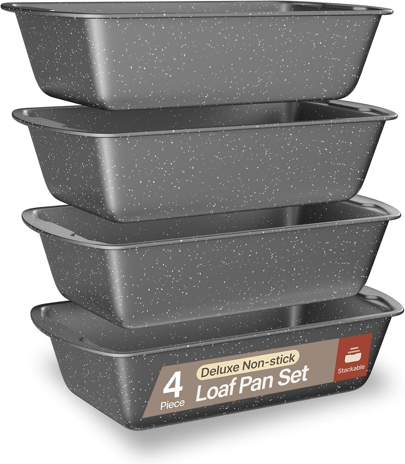 Nonstick Loaf Pan Set Pack of 4, Carbon Steel 11" Large Baking Bread Pan, Oven Safe Up to 450°F, PFOA, PFOS, PTFE Free, Space Saving Stackable Design, Stain Resistant, Dishwasher Friendly, Gray Marble