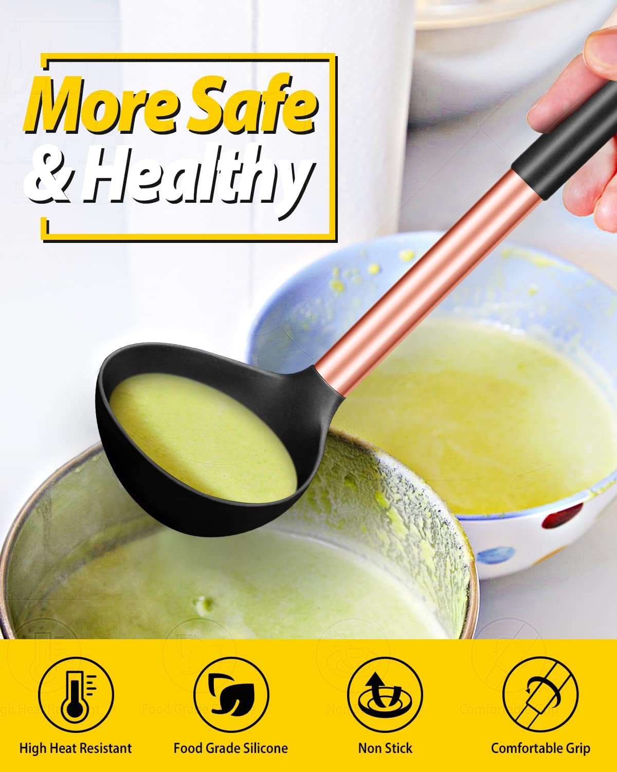 Pack of 2 Ladle Spoon,Silicone Large Spoon for Soup,Non Stick Kitchen Utensils with High Heat Resistant,BPA Free Perfect Kitchen Tools for Cooking, Stirring,Serving Soups (ROSE GOLD BLACK-KHAKI)