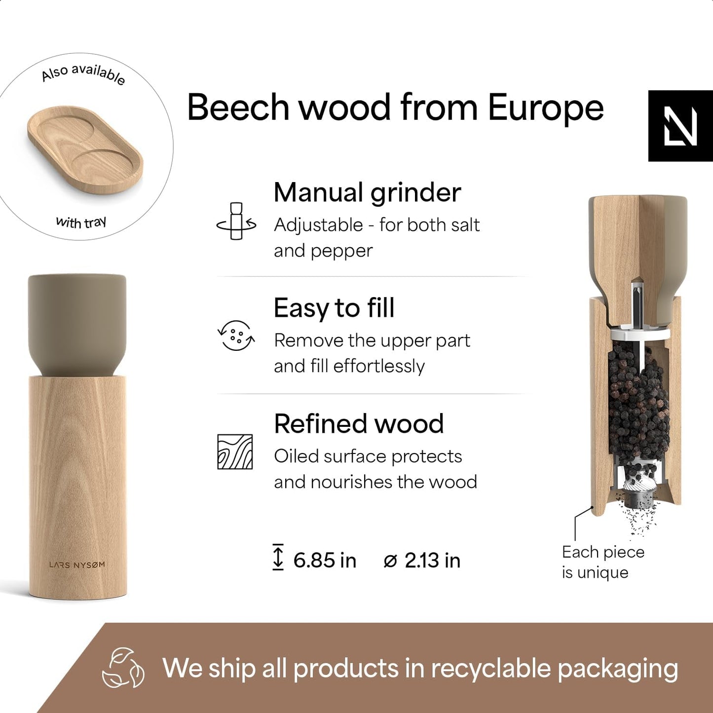 LARS NYSØM Wooden Salt and Pepper Grinder Set Manual - Salt and Pepper Mills with Adjustable Ceramic Grinder - Elegant Beechwood Pepper and Salt Mill Set for Dining Table (Taupe Brown)