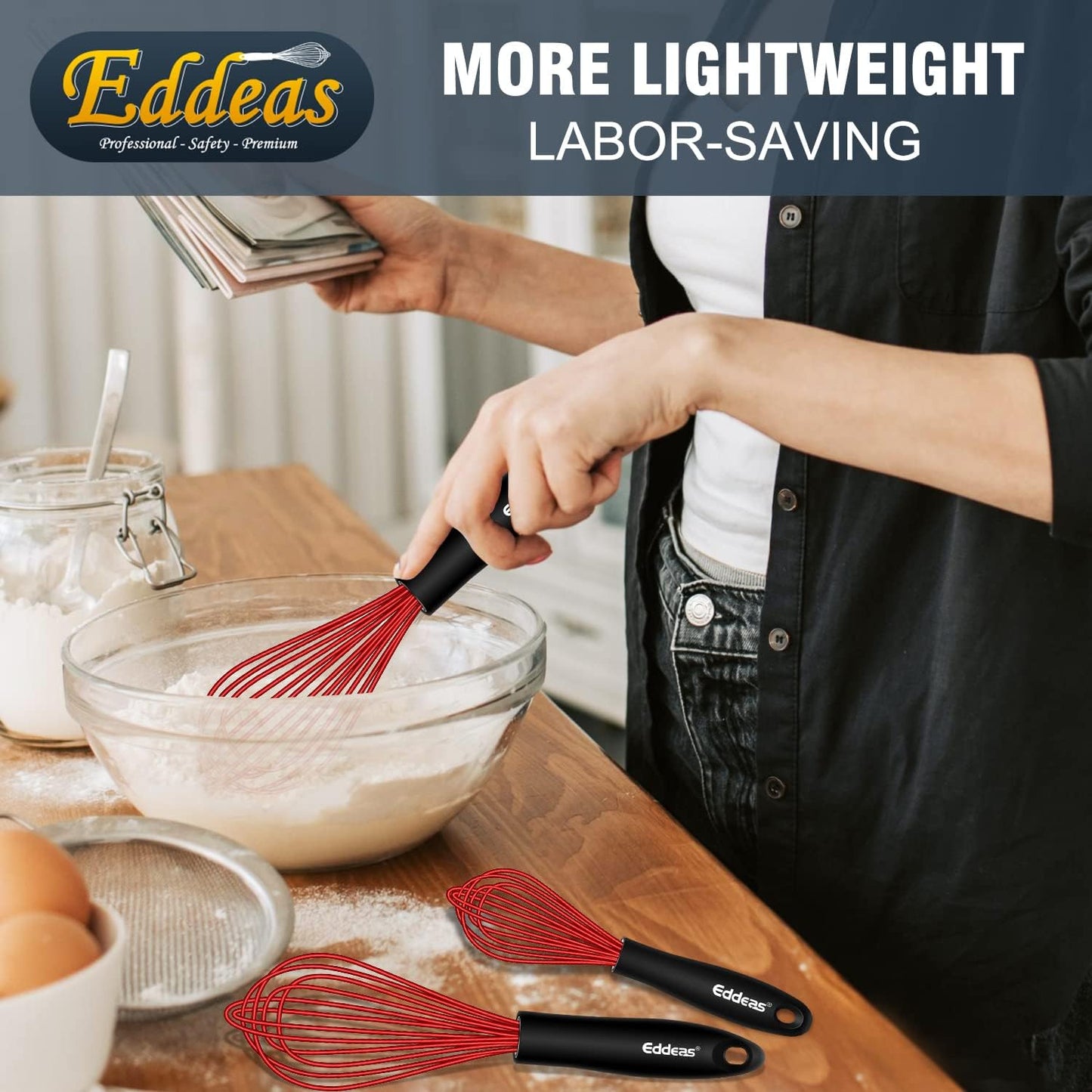 Silicone Whisk, Eddeas Stainless Steel & Silicone Non-Stick Coated Whisks set of 3-Heat Resistant (450°F) Kitchen Whisks Perfect for Blending, Whisking, Beating & Stirring, Red