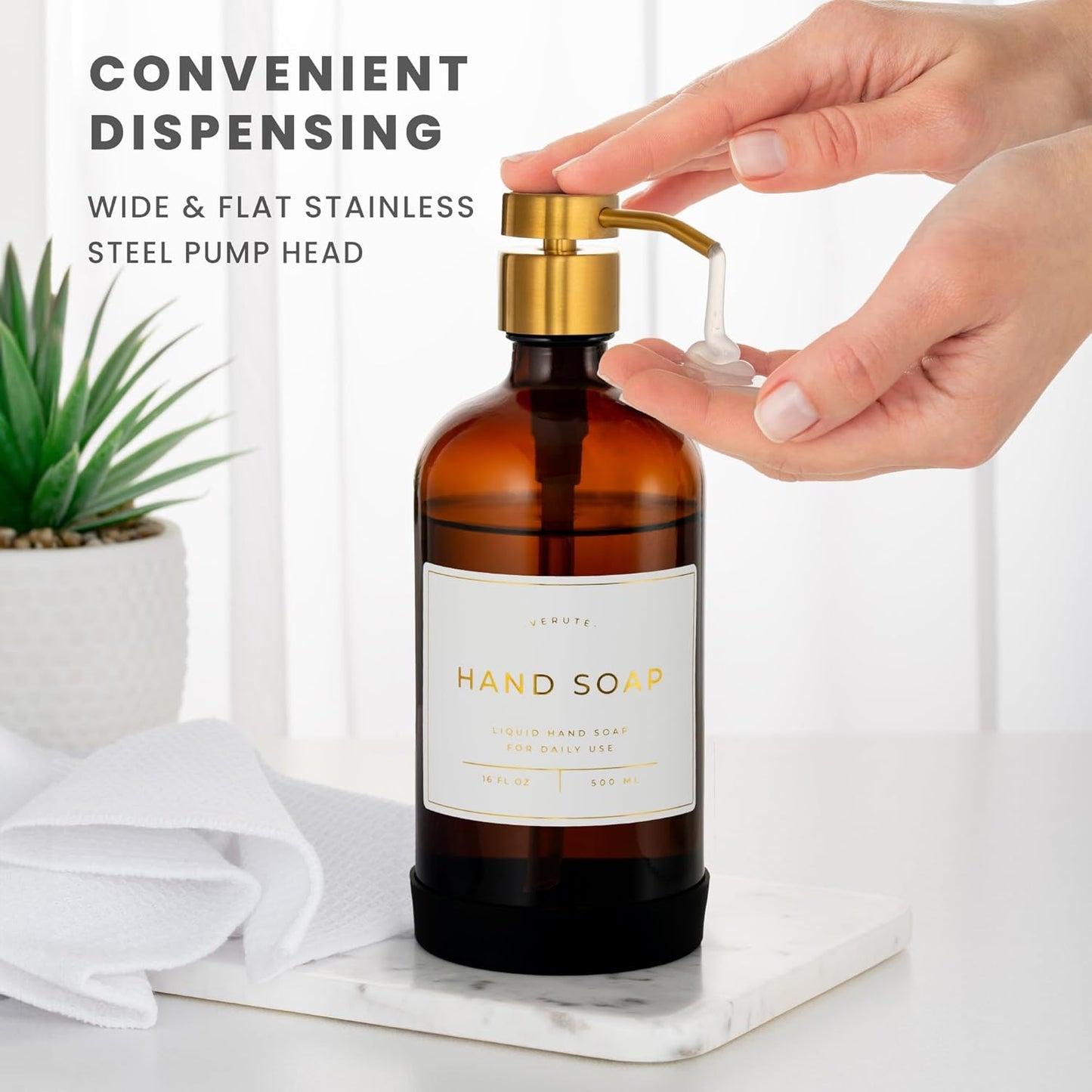 16oz Glass Soap Dispenser with Stainless Steel Pump, 21 Waterproof Labels, Non-Slip Protective Silicone Pad, Set of 2 for Bathroom & Kitchen (Amber Bottle/Brushed Gold Pump)