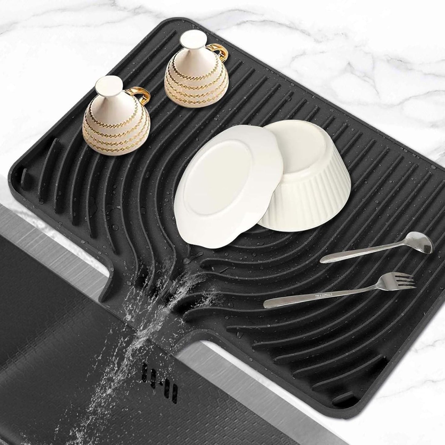 Silicone Dish Drying Mat for Kitchen Counter with Built-in Drain, Easy Clean Pad for Countertop Protection, Fast Self-Draining Slope, Non-Slip, Multiple Use 18 x12 Inch(Black)