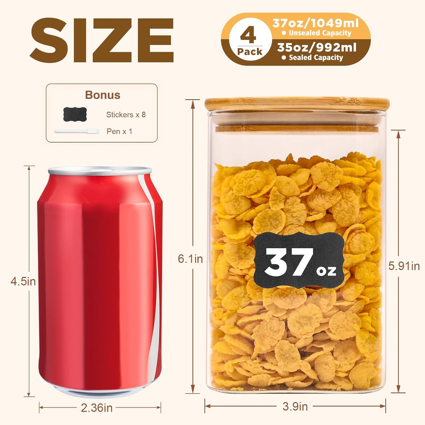 Glass Food Storage Jars Square 37oz, 4 Pack Glass Jars With Bamboo Lids, Kitchen Storage Containers For Spice, Candy, Cookie, Storage For Pantry Organizers