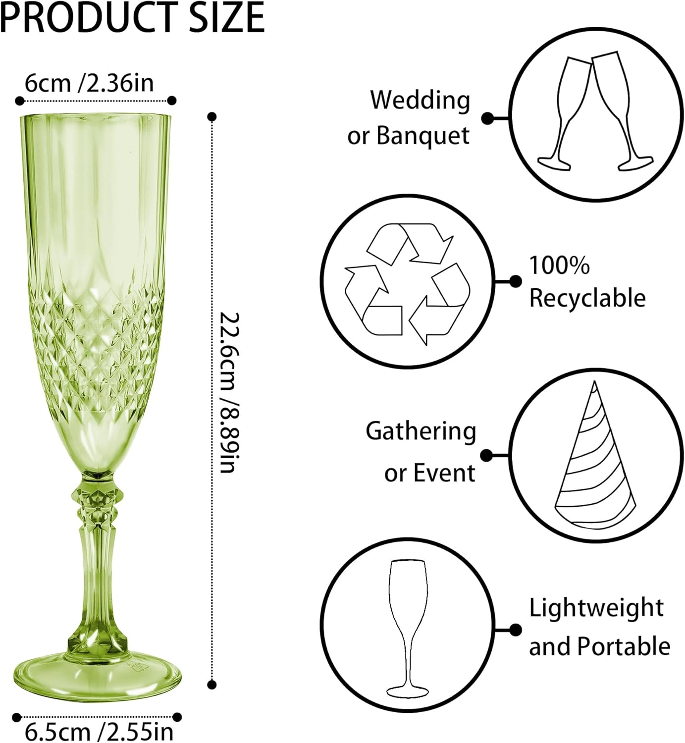 Plastic Champagne Flutes, 12PCS Green Plastic Wine Glasses Goblets Reusable Champagne Flute for Weddings, Bachelor Parties, Toasting, and Events(12, Green)