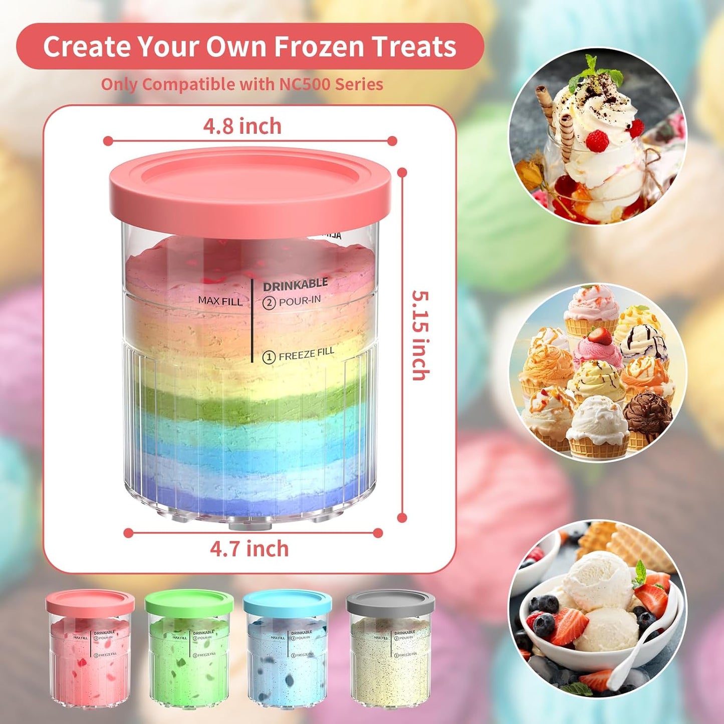 Containers Replacement for Ninja Creami Deluxe Pints and Lids - 4 Pack,Creamy Ice Cream Containers Cups Set,24oz Family Size Compatible with Ninja Ice Cream Maker NC500/NC501 Series Dishwasher Safe