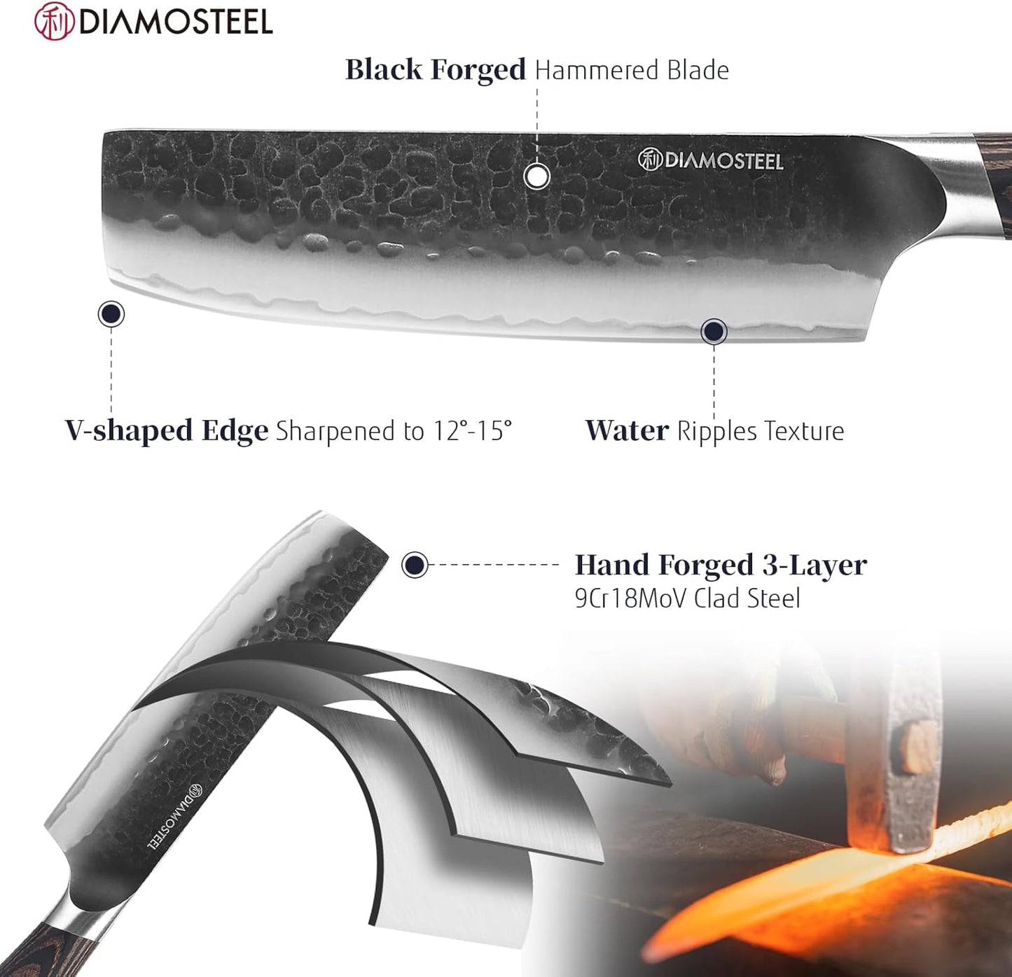 Nakiri Knife - 6.5-Inch Professional Kitchen Knife - Hammered Black Oxide Blade 9CR18MOV High Carbon Stainless Steel Sharp Chef's Knife - Ergonomic Pakkawood Handle with Present Box