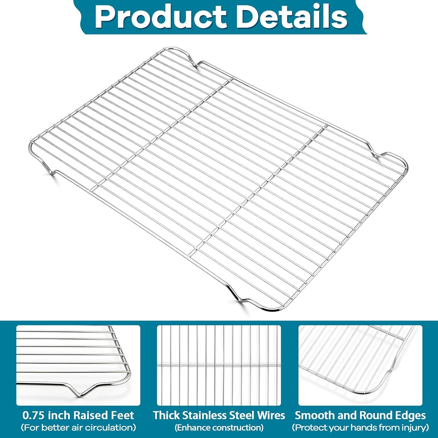 Baking Cooling Rack Set of 3, P&P CHEF Stainless Steel Cooking Roasting Drying Wire Racks, 16.6” x 11.6” Inches to Fit Half Sheet Pan, Non-toxic & Durable, Oven & Dishwasher Safe