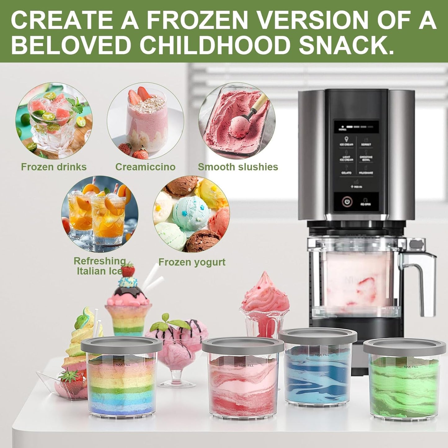 Containers Replacement for Ninja Creami Pints and Lids - 4 Pack,16oz Ice Creamy Containers Cups Jars Canisters Set Compatible with NC299AMZ & NC300s Series Ice Cream Maker- 4 Pack Grey