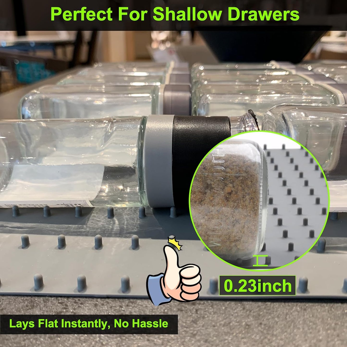 Gosmol Spice Drawer Organizer insert, Adjustable & Non-Slip Silicone Spice Drawer Liner for Seasoning Jars and Spice Bottles, Set of 2-Grey