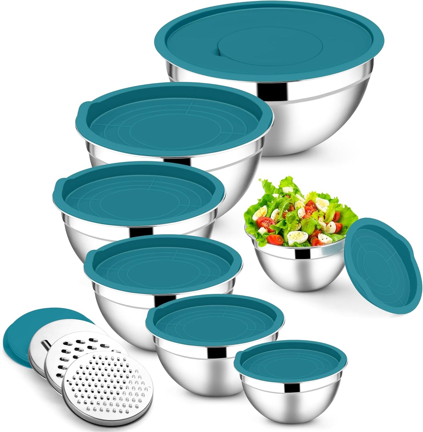E-far Mixing Bowls with Lids Set, 7-Piece Stainless Steel Mixing Bowls with 3 Grater Attachments, Size 4.6, 3.5, 2.6, 2, 1.5, 1, 0.7QT, Metal Nesting Bowls & Blue Airtight Lids, For Baking/Cooking