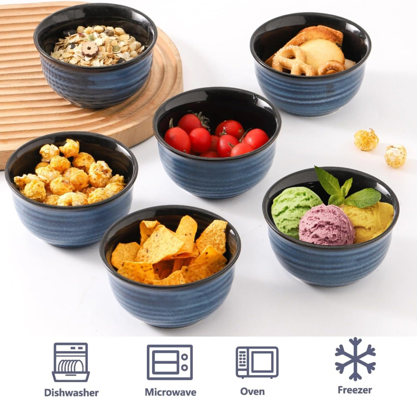 MEKY 20oz Soup Bowls, Stackable and Durable Ceramic Bowls for Kitchen, Elegant Perfect for Pasta, Cereal,Oatmeal, Rice, and Ice Cream, Microwave & Dishwasher Safe,Set of 6, Blue