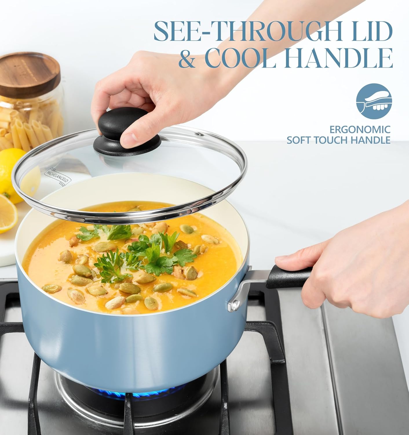 MICHELANGELO Nonstick Sauce Pan with Lid, Ceramic Saucepan Set, Non Toxic Small Saucepans Sets with Stay-Cool Handle, Induction Pots For Cooking, PTFE & PFOA Free - 1Qt & 2Qt & 3Qt, Blue