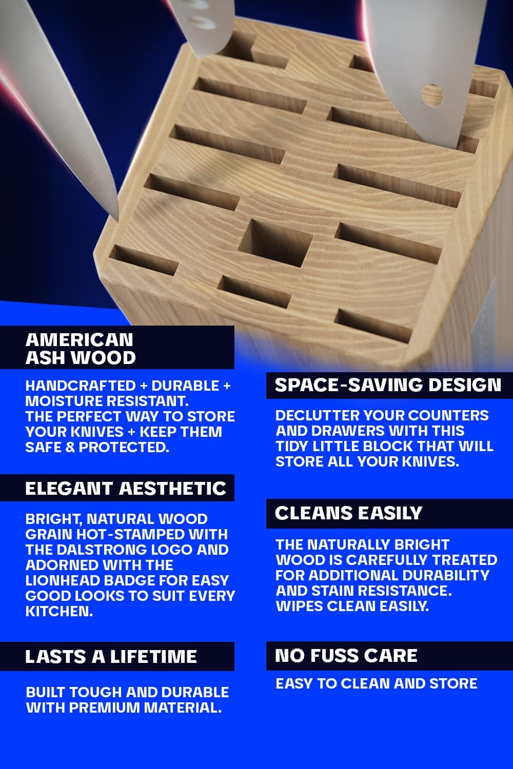 DALSTRONG Universal Knife Block - 18 Slots - Premium American Ash Wood - Aluminum Alloy Rim Kitchen Set - Lion Head Logo Badge - Premium Craftsmanship Knife Set - Angled For Ergonomics - Cleans Easily