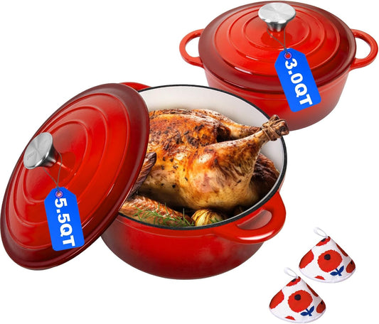 Romswi Enameled Cast Iron Dutch Oven Set - 3qt & 5.5qt Dual Combo - 7-Layer Professional Grade Dutch oven pot with lid - Oven Safe for Braising, Stews, Roasting, Bread Baking - Red Bread Dutch Oven