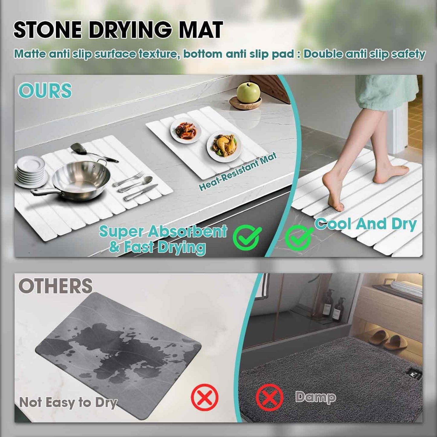 Dish Drying Mat Stone Bath Mat Diatomaceous Earth Stone Drying Mat For Kitchen Counter Sink Bath Mat Quick Dry Non Slip Foldable Dish Drying Rack Mat Small(16"×12" White)