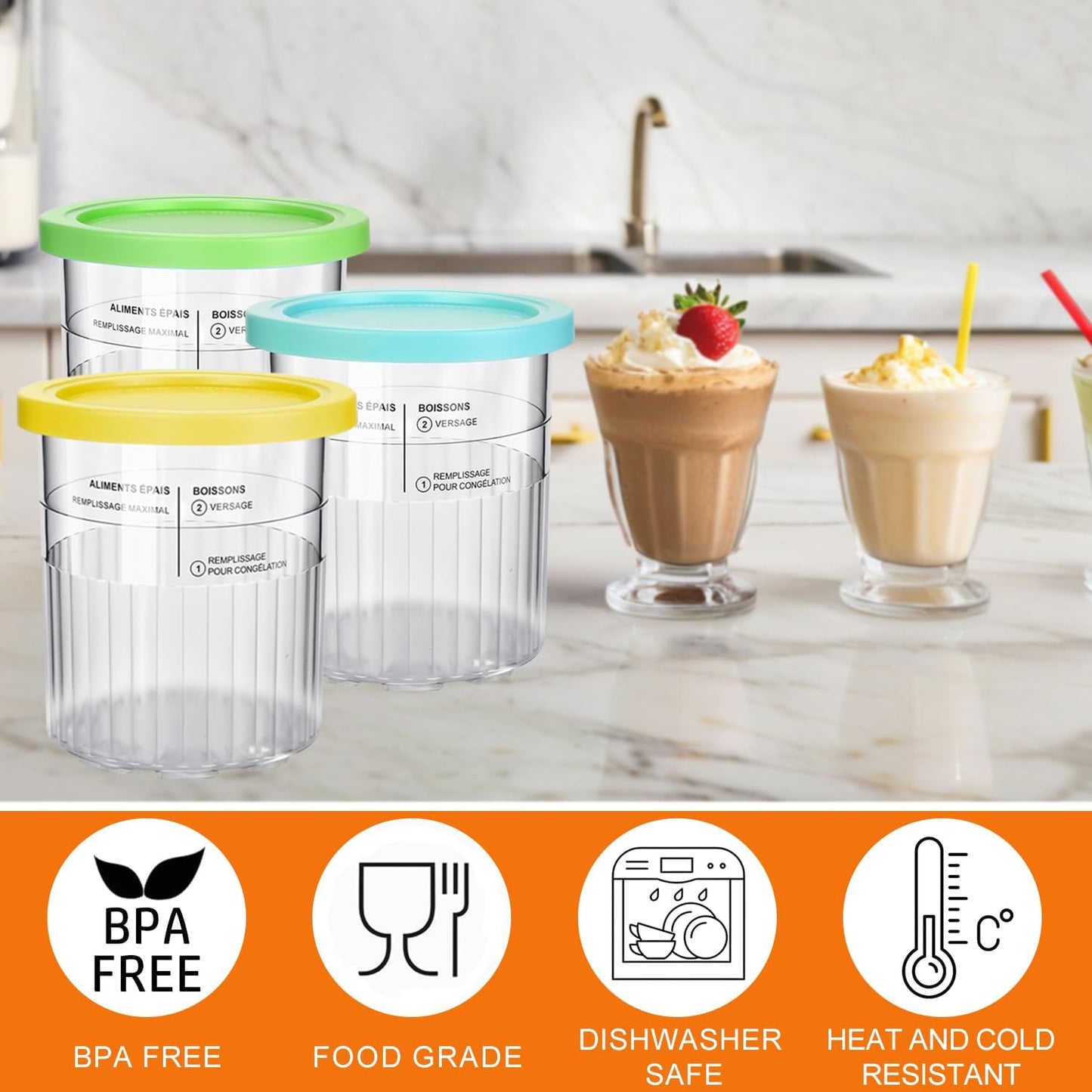 Diteje 4 Pack Replacement Creami Pints with Lids and Spoons,Creamy Ice Cream Containers 24oz Compatible with Ninja Creami NC500 NC501 Series Deluxe Makers