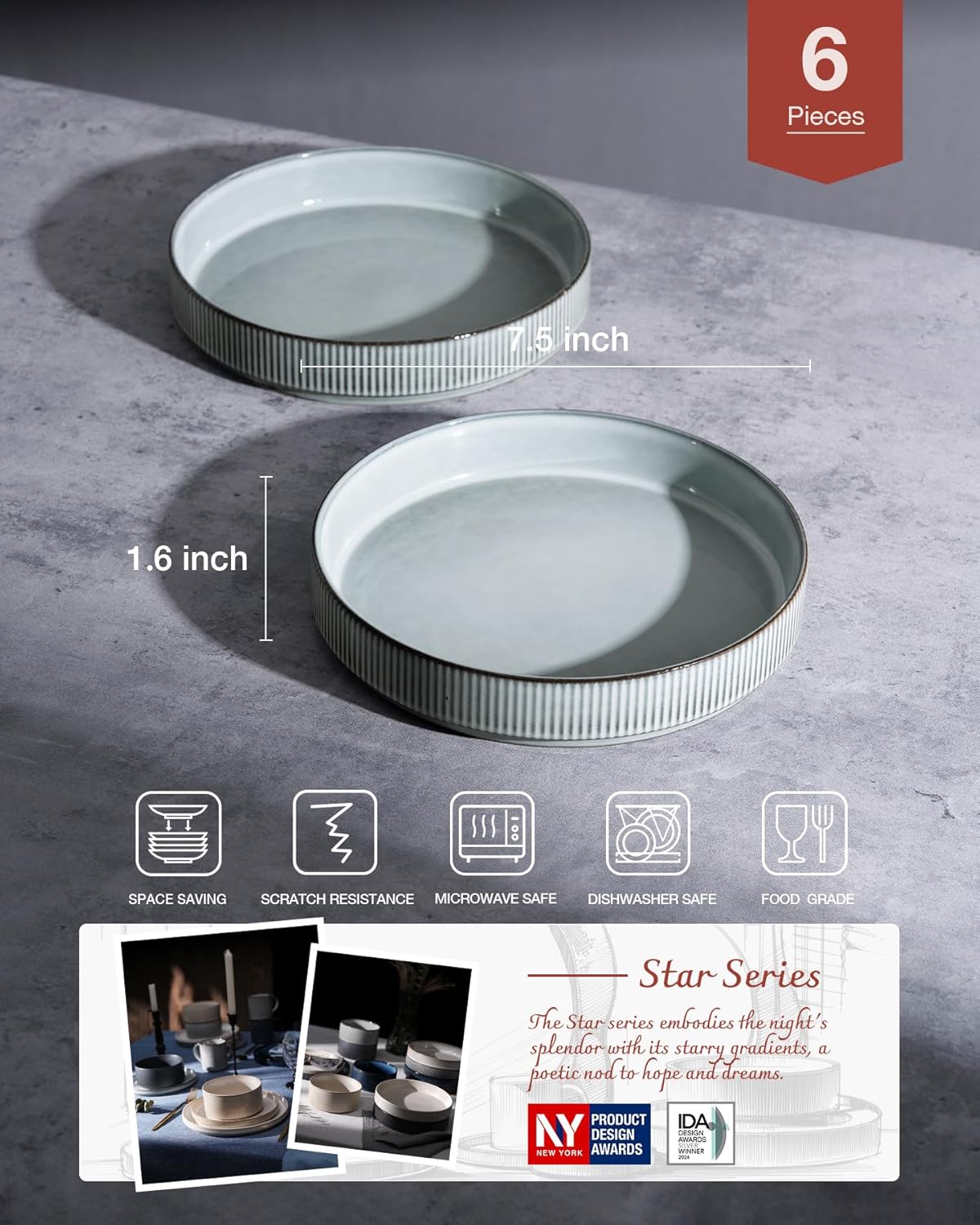 famiware Star 7.5" Pasta Bowls Set, Salad Bowl Set of 6, Double Reactive Glaze, Stackable, Perfect for Your Friend for Housewarming, Thanksgiving, Christmas, Smoky Blue