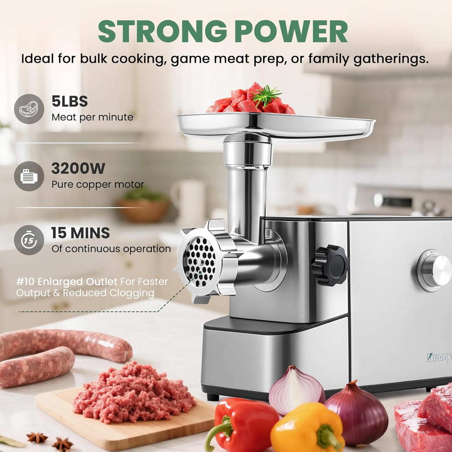 Huanyu Electric Meat Grinder 3200W Max Power, Built-in Storage, Heavy Duty, 2 Blades, 3 Plates, Sausage Tubes and Kubbe Kit #10 Outlet for Home Use